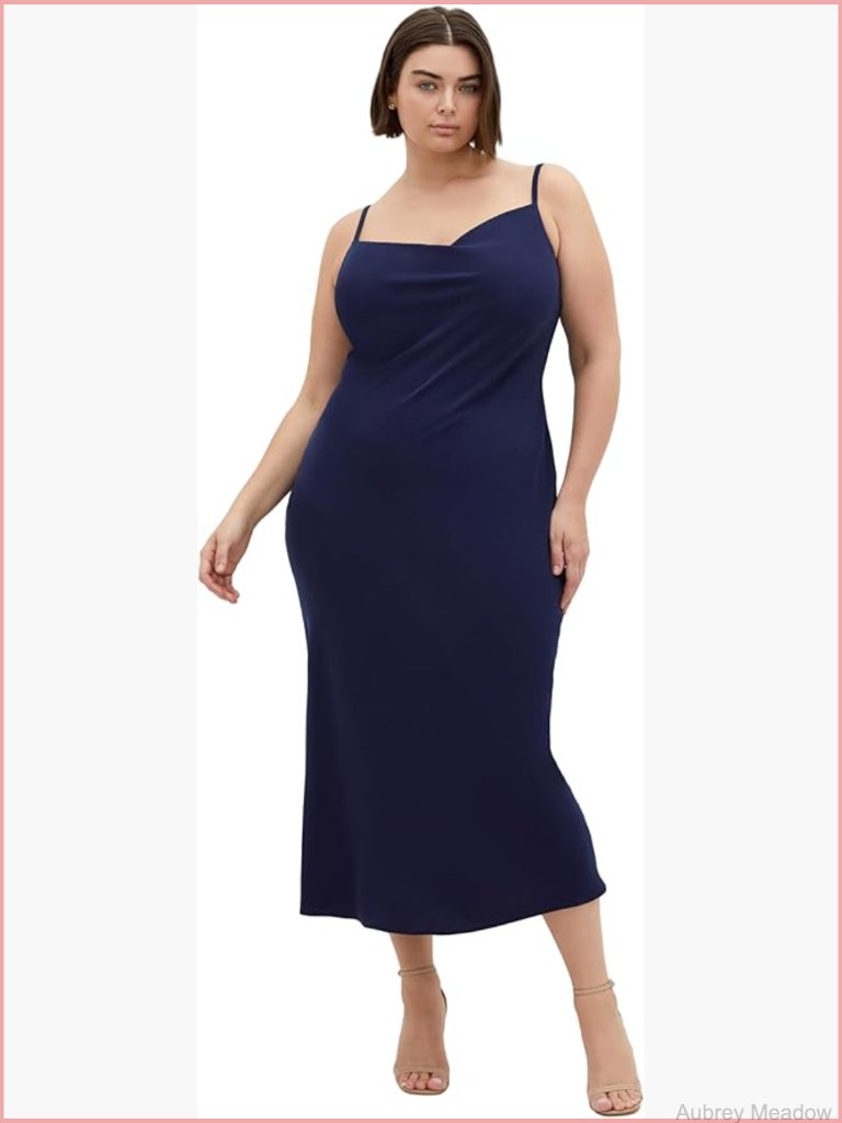 Plus Size V-Neck Midi Dress With Adjustable Straps - Navy